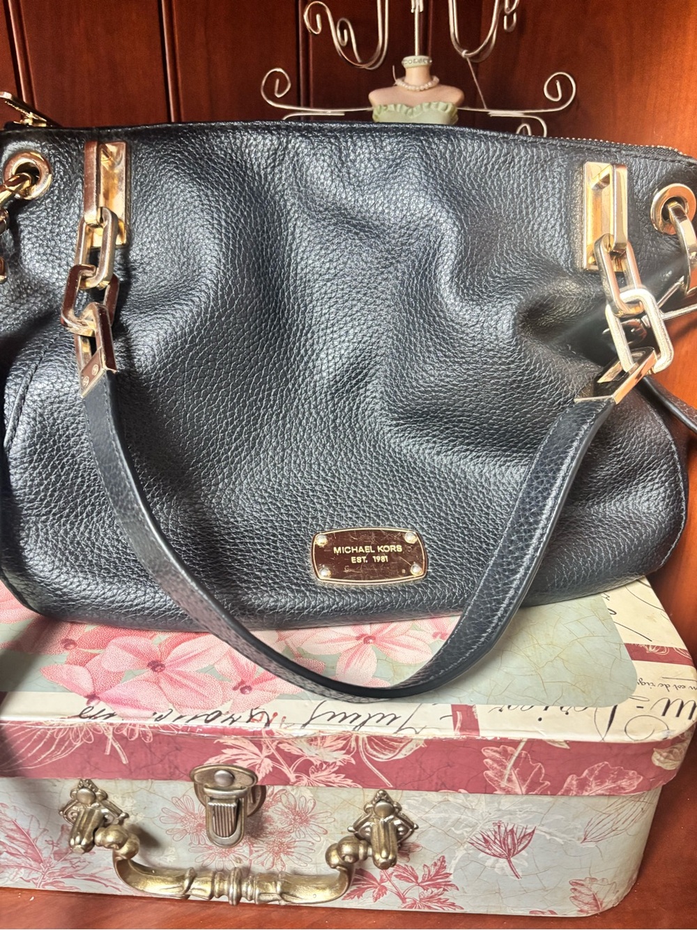 Michael Kors Black Pebbled Leather Shoulder Tote with Gold Hardware